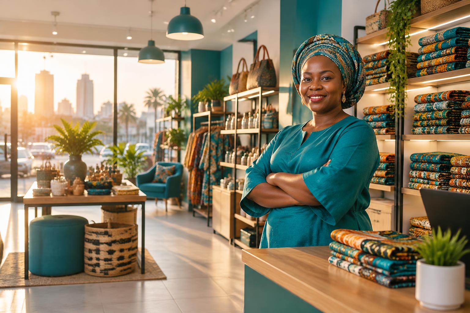 Nigerian shop owner standing in her bright modern boutique with stocked shelves